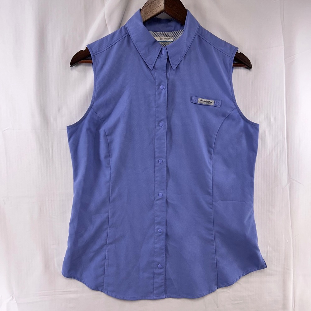 Columbia PFG Tamiami Shirt Womens Medium Blue Sleeveless Vented Snap Front
